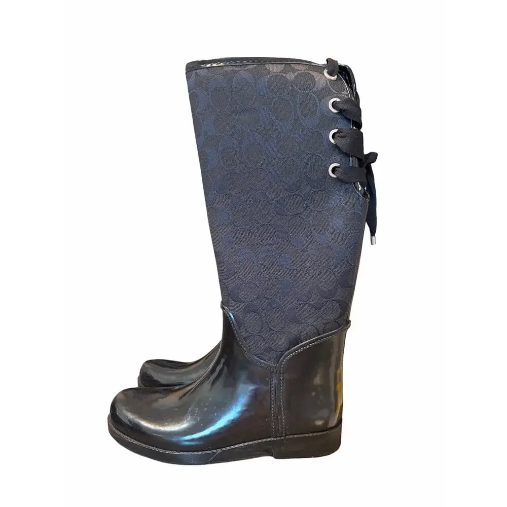 Coach Tristee Black Signature Rubber Rain Boots Back Lace Up size 10 Lined